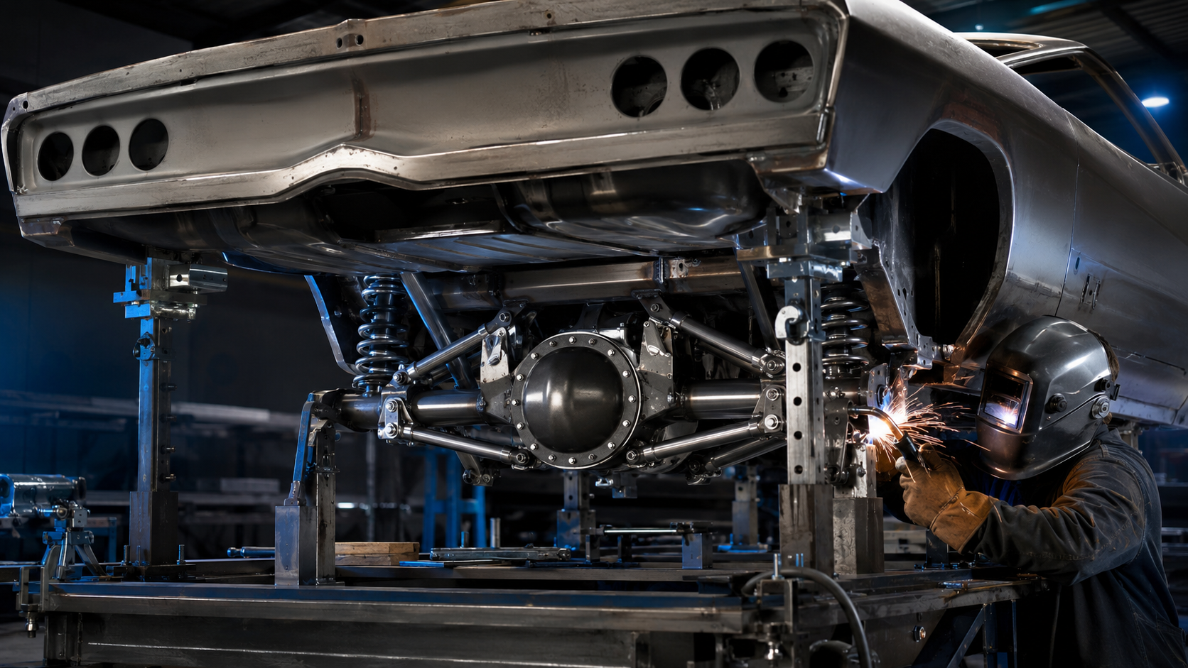 Welding a four-link rear end and nine-inch diff into a classic car chassis on a jig